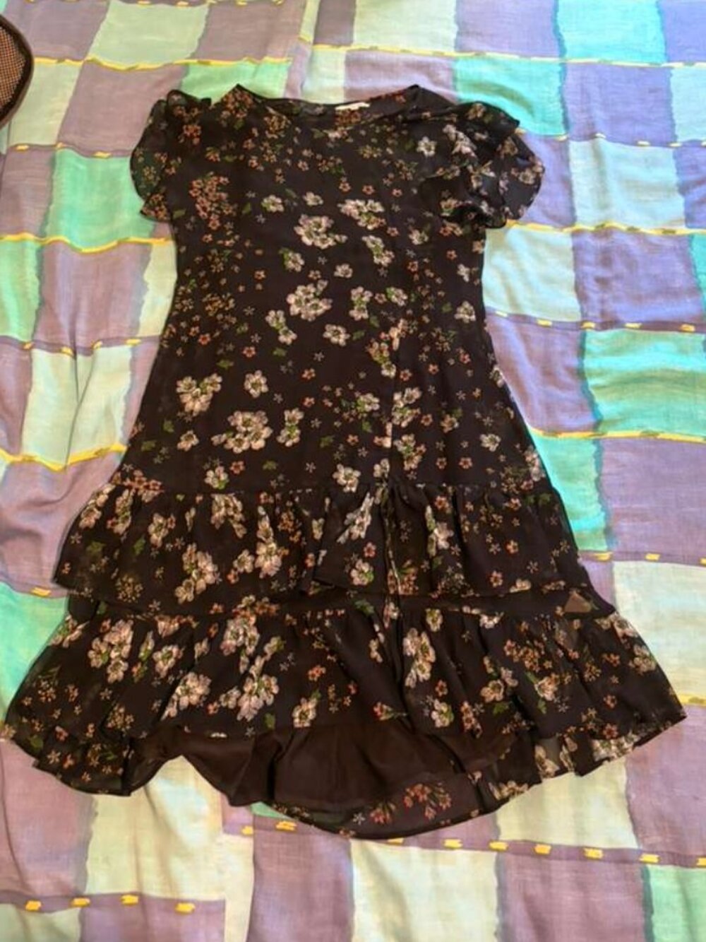 Max Studio Black Floral Chiffon Tiered Ruffle Dress Size S